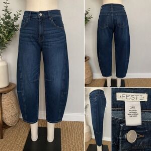 FESTI Womens 24R Dark Wash High Rise Barrel Leg Jeans Cropped Balloon Denim Pant